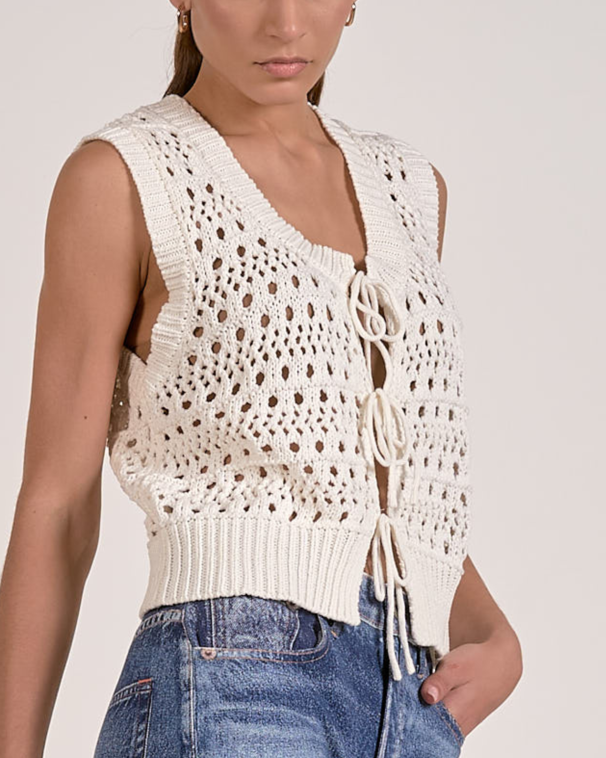 Elan Crochet Tie Front Vest Top - SW11642