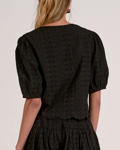 Elan Eyelet Puff Sleeve Crop Top - EL11672