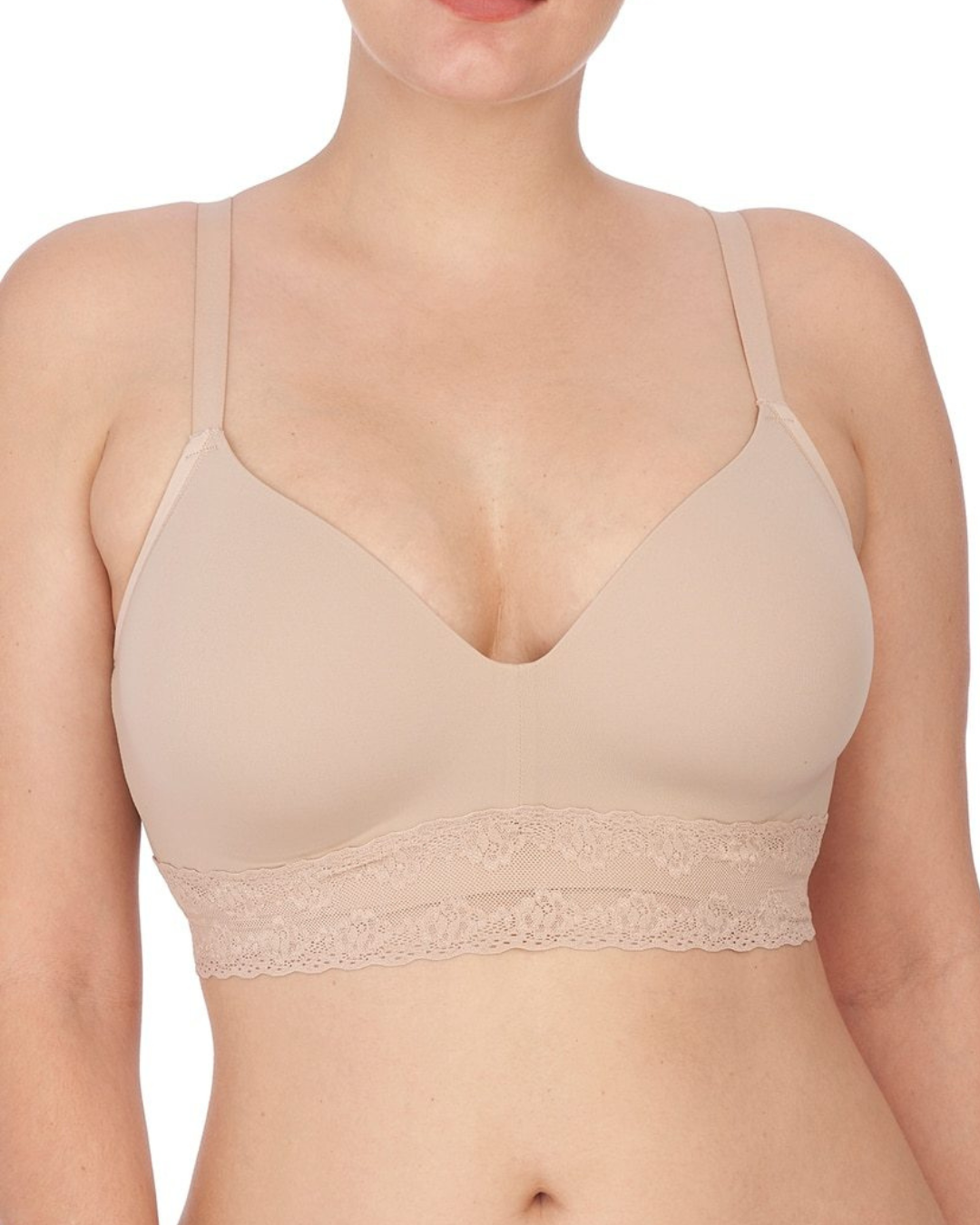 Model wearing a wire free t-shirt bra with a lace band in nude