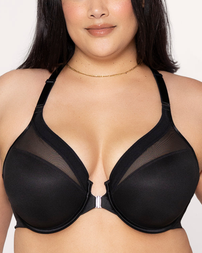 Curvy Couture Sheer Mesh Front-Close Racerback T-Shirt Bra - 1619 - Black