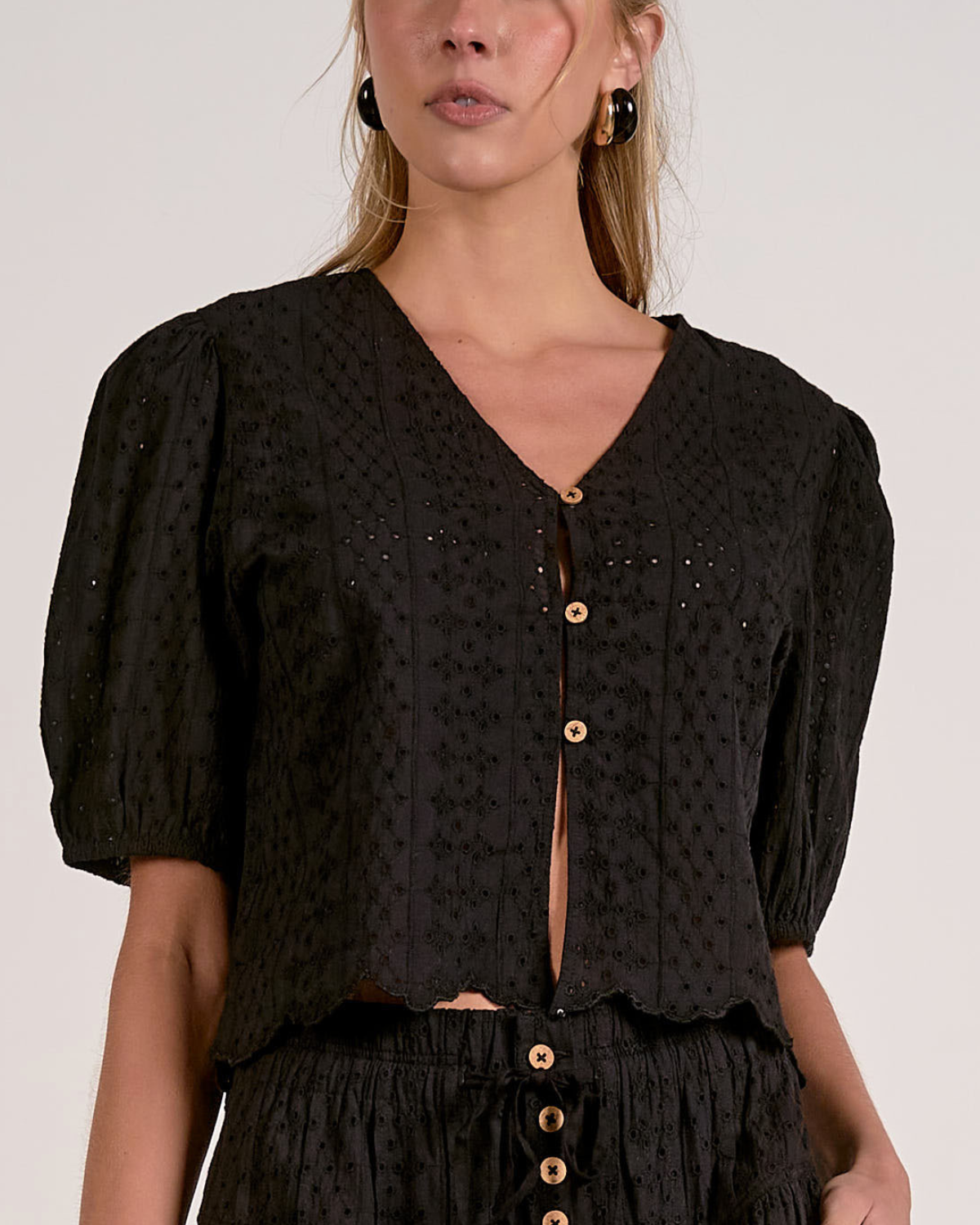 Elan Eyelet Puff Sleeve Crop Top - EL11672