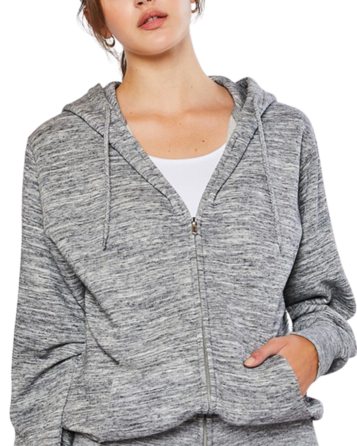 Model on a white backdrop wearing a women's oversized fleece zip up hooded sweater in a solid marble grey