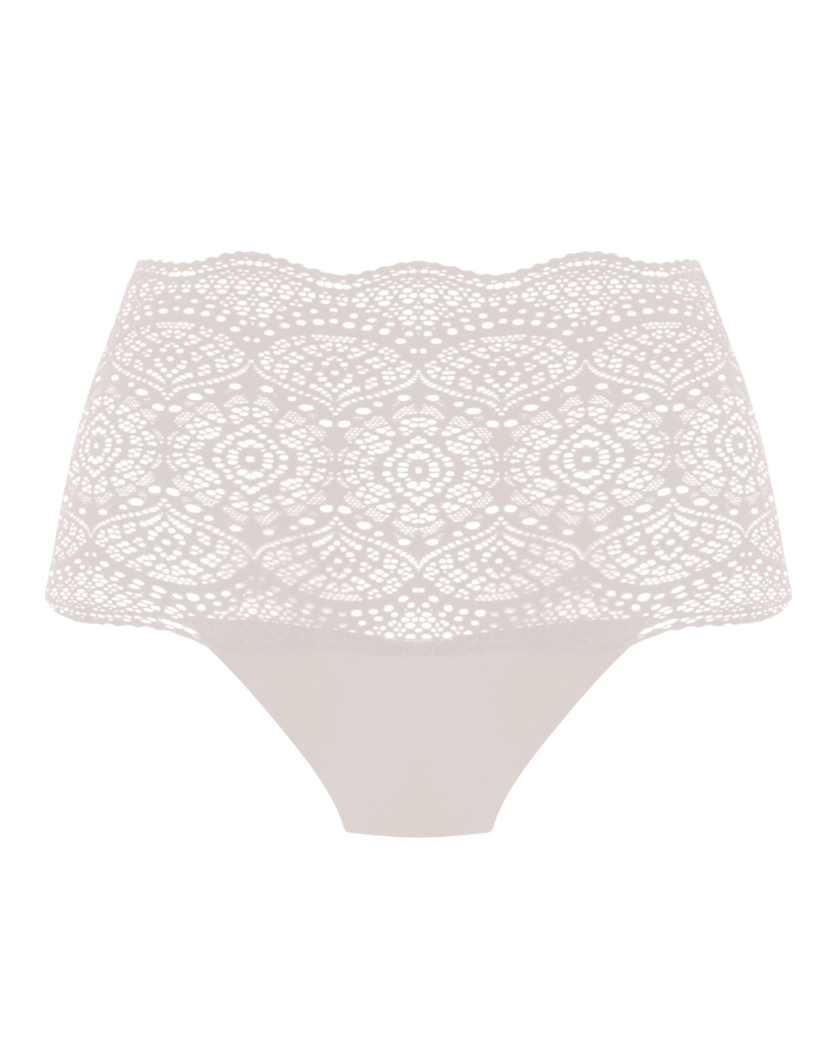 Flat lay of a wide lace band brief panty in white