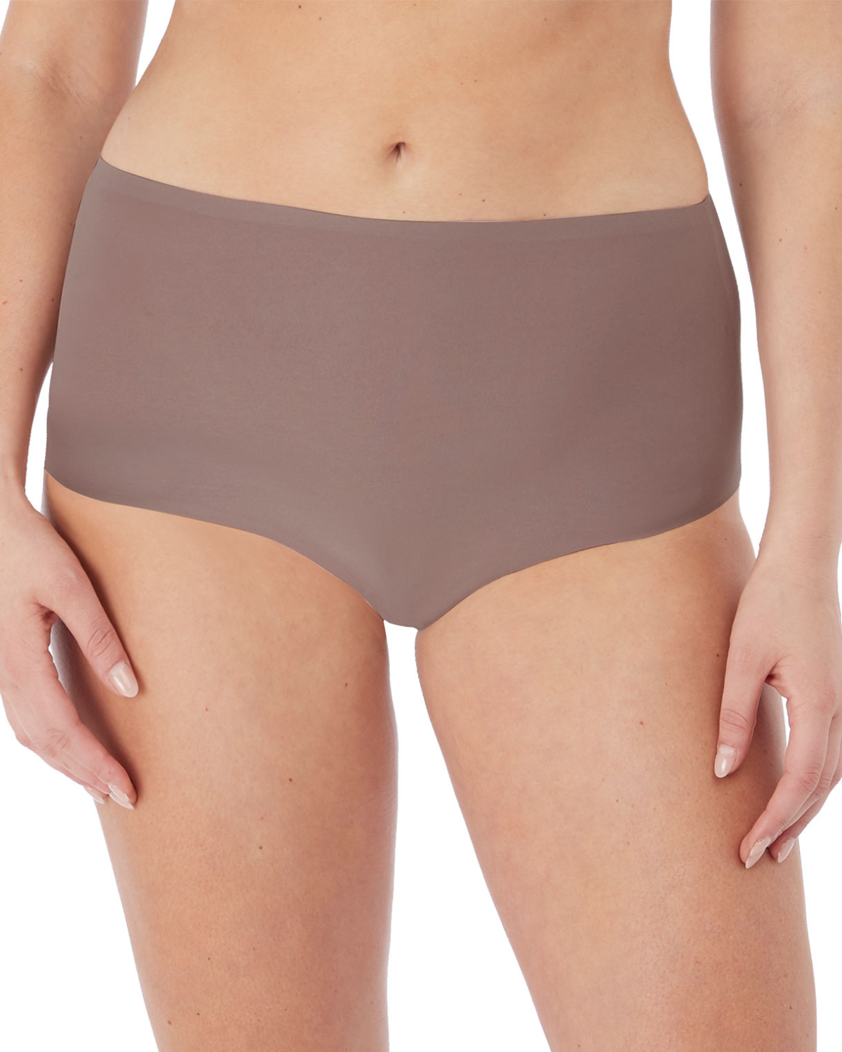 Model wearing a seamless stretch full brief in taupe