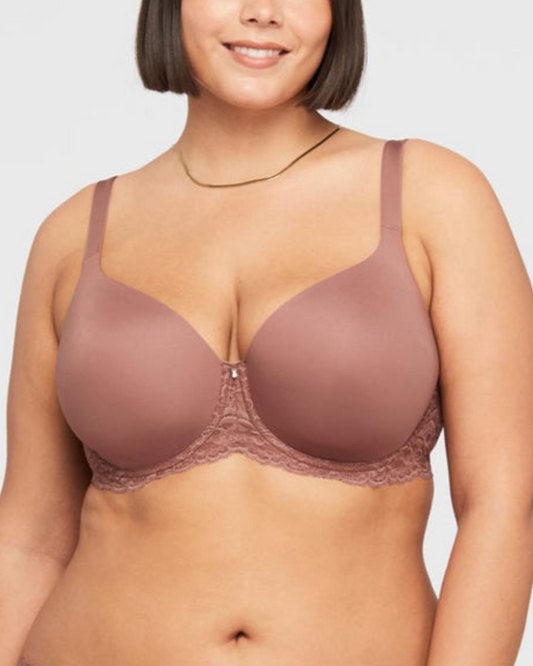 Model wearing a molded t-shirt underwire bra with lace wings in pecan
