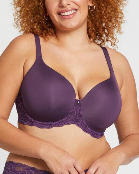 Model wearing a molded t-shirt underwire bra with lace wings in purple