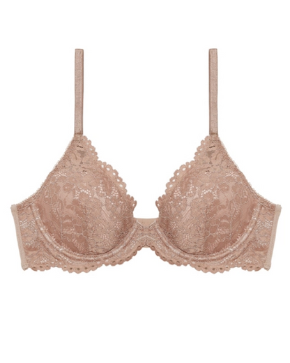 Flat lay of a plunge lace underwire bra in beige