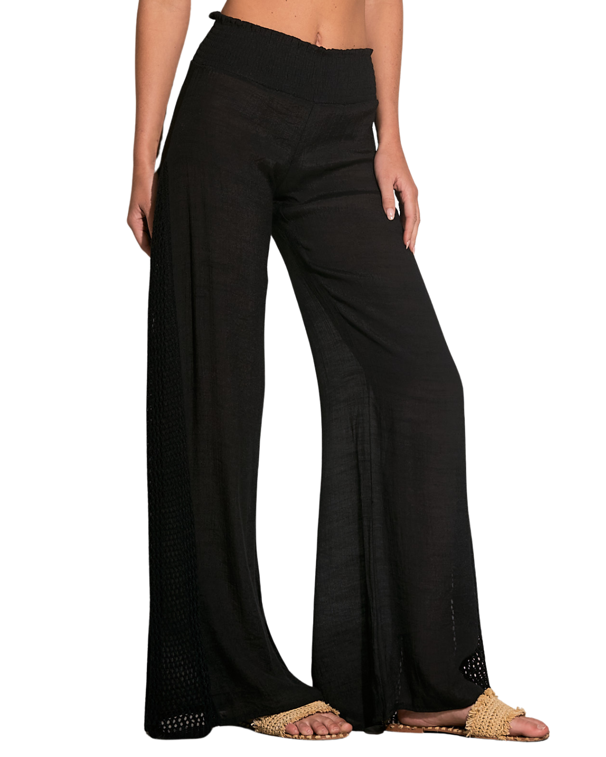 Model wearing a cover up pant with crochet side detail in black