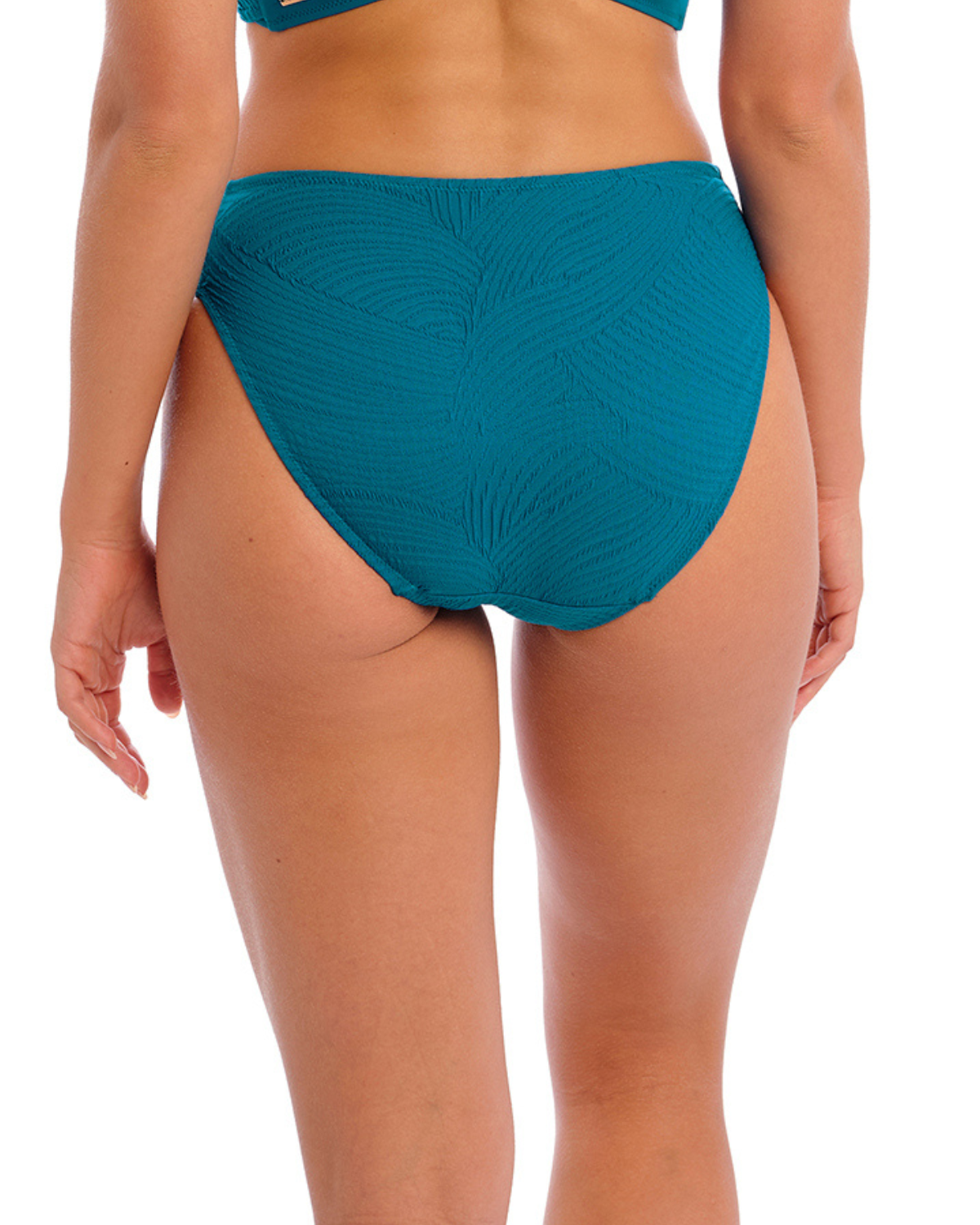 Model wearing a mid rise brief bikini bottom in blue