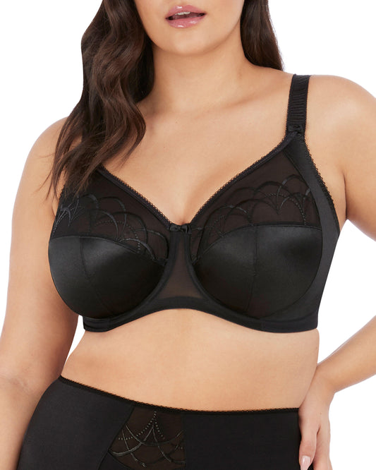 Model wearing a soft cup underwire bra in black