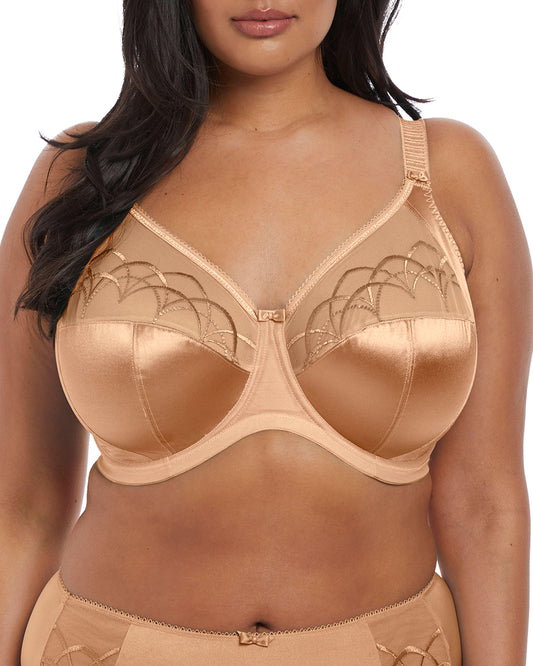 Model wearing a soft cup underwire bra in medium beige