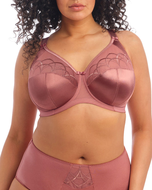 Model wearing a soft cup underwire bra in rose pink