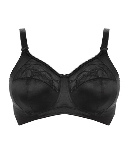 Flat lay of a soft cup wire free bra in black