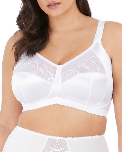 Model wearing a soft cup wire free bra in white