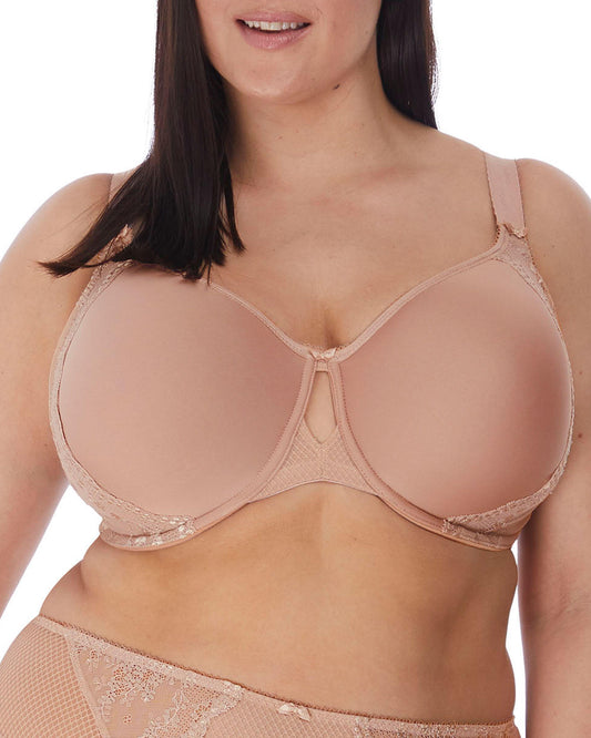 Model wearing a molded underwire t-shirt bra in nude/  beige.