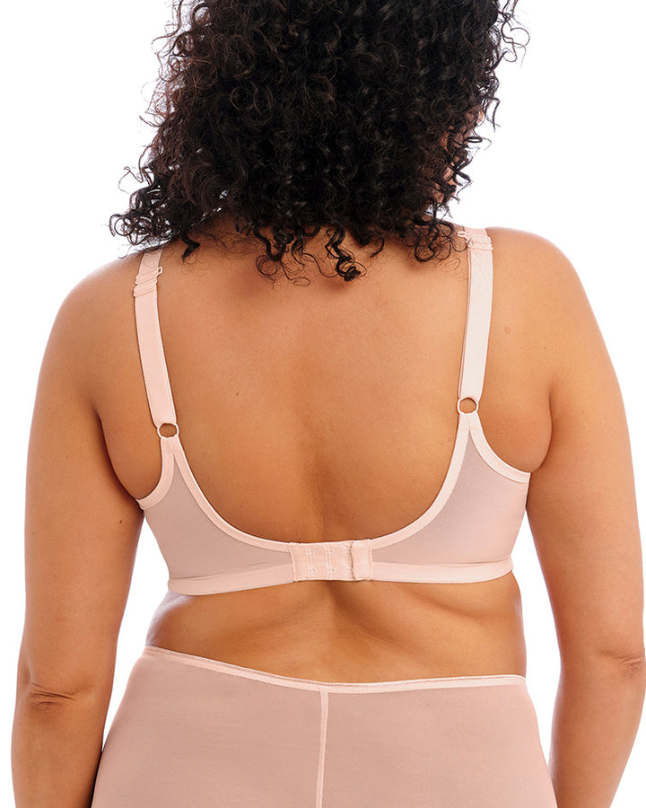 Model wearing a mesh underwire plunge bra in pink