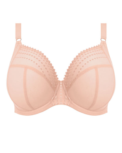 Flat lay of a mesh underwire plunge bra in pink