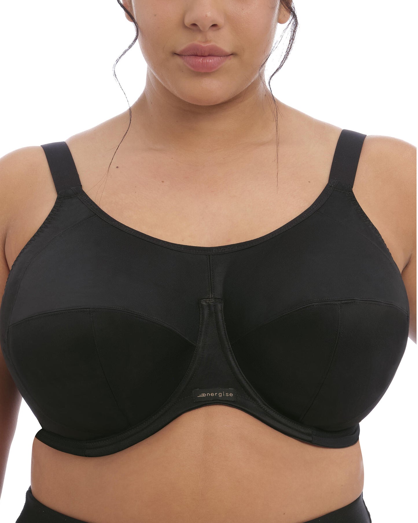Model wearing an underwire sports bras in black