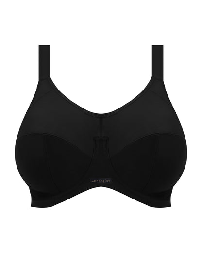 Flat lay of an underwire sports bras in black