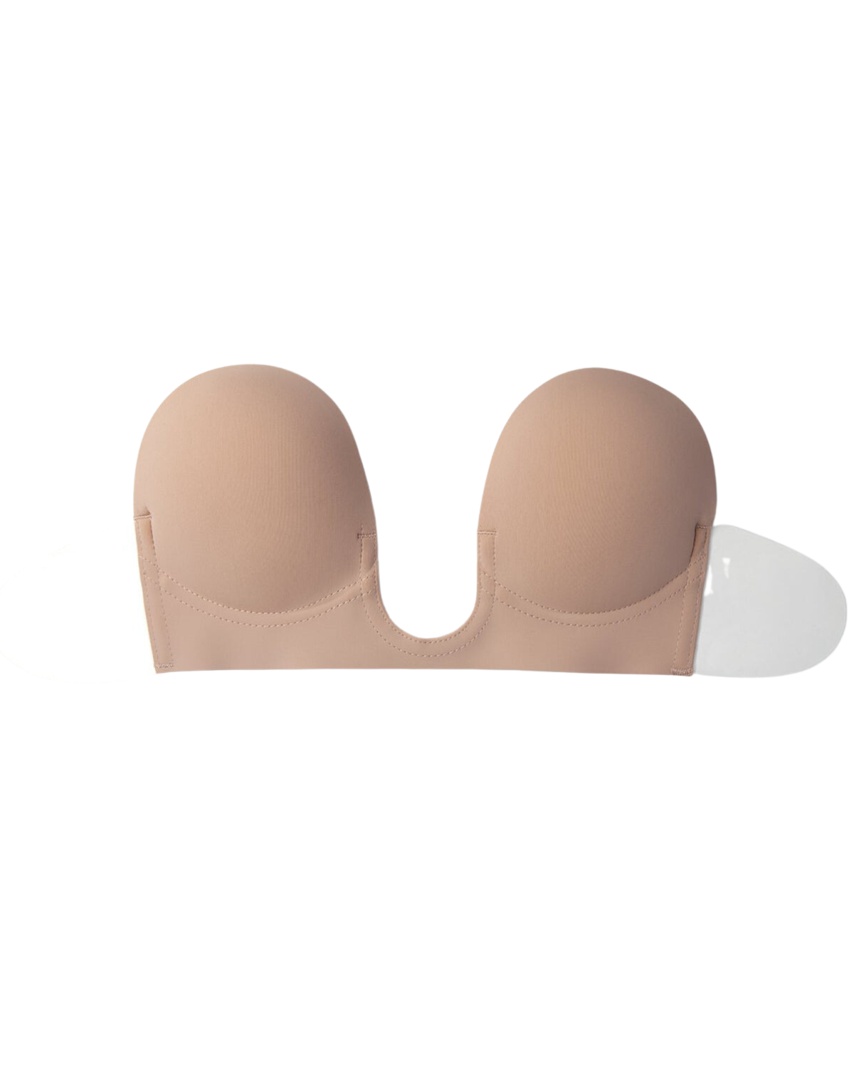 Flat lay of a nude adhesive u-plunge backless strapless bra.