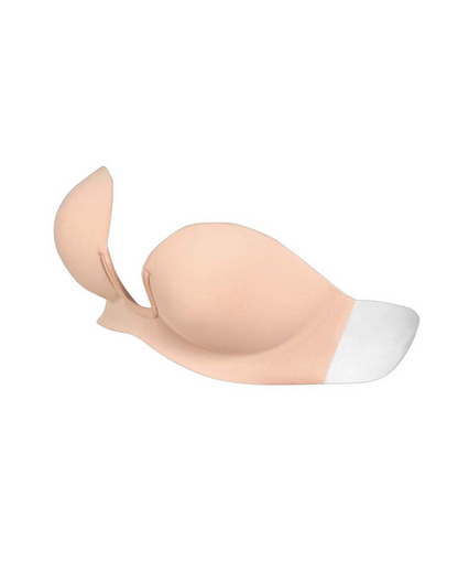 Flat lay of a backless strapless adhesive bra with u-plunge in nude.