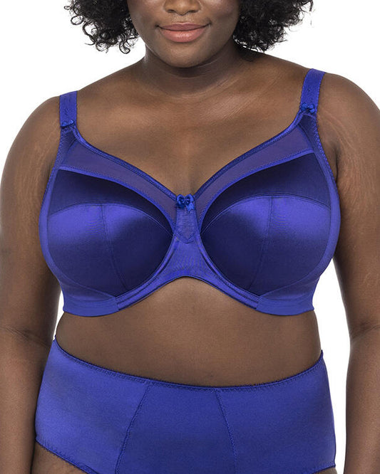 Model wearing a cut and sew banded underwire bra in royal blue