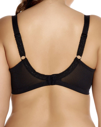 Model wearing a cut and sew banded underwire bra in black