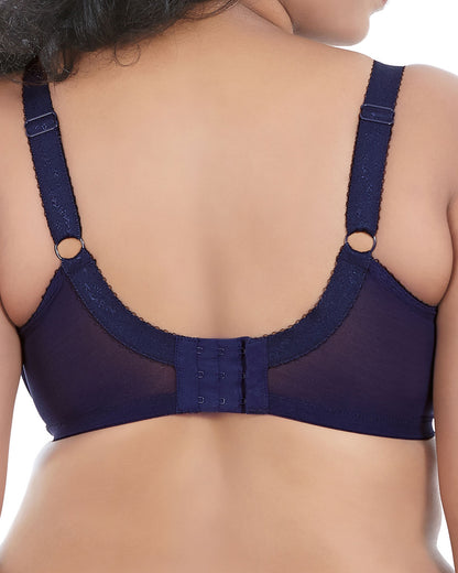 Model wearing a cut and sew underwire banded bra in navy blue
