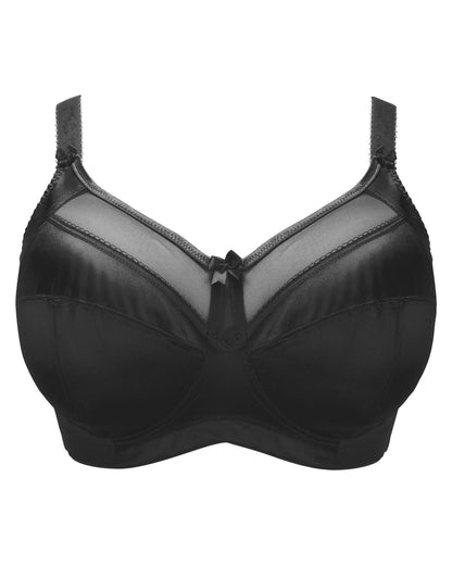 Flat lay of a cut and sew soft cup wire free banded bra in black