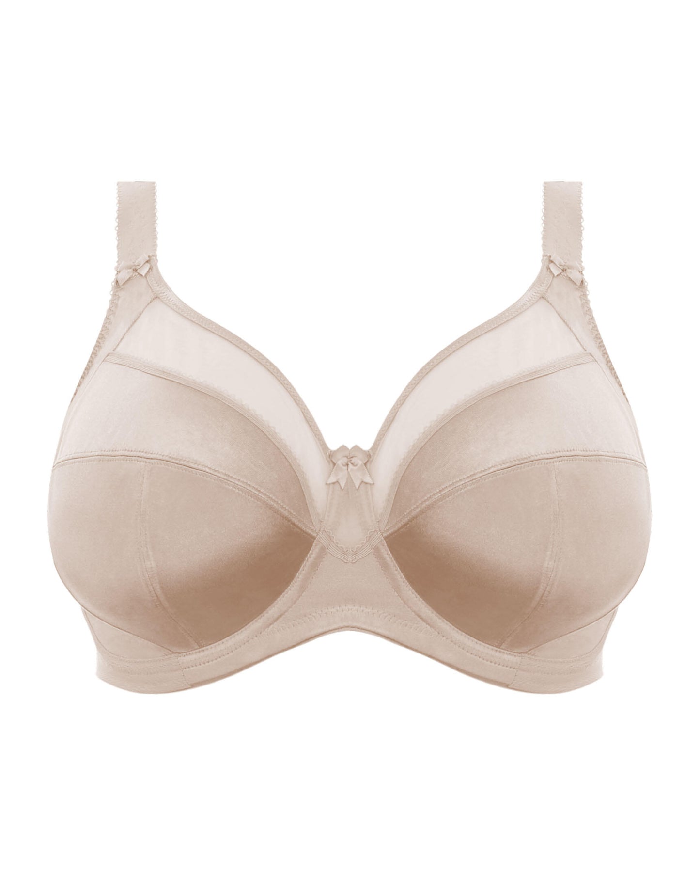 Flat lay of a soft cup wire free bra in light beige