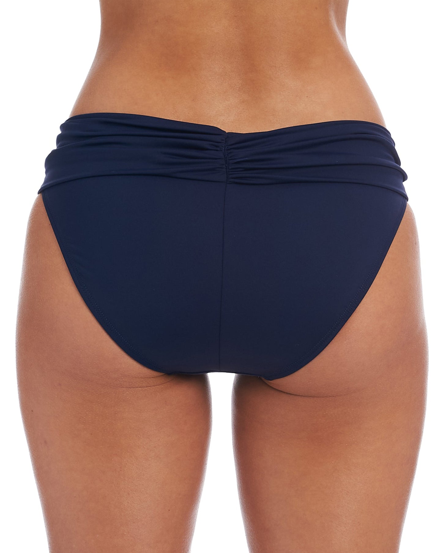 Model wearing a shirred hipster bikini bottom in indigo