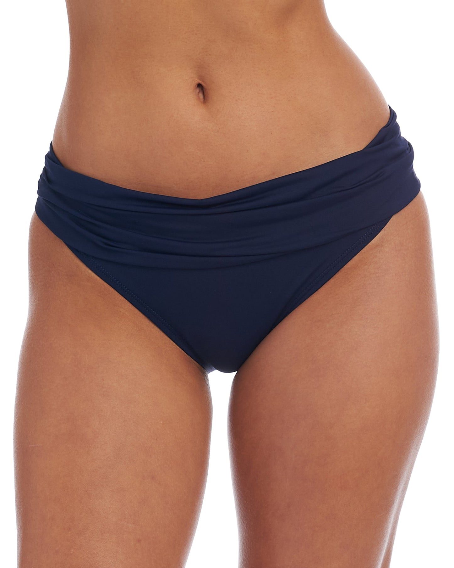 Model wearing a shirred hipster bikini bottom in indigo