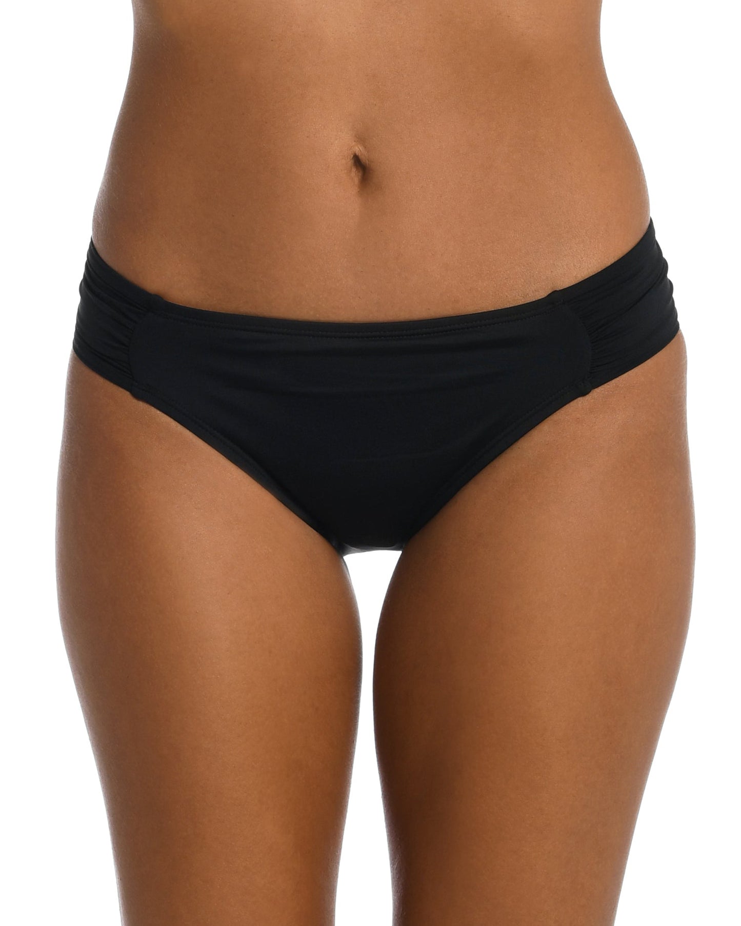 Model wearing a side shirred hipster bikini bottom in black