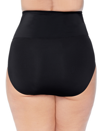 Model wearing a high waisted control brief bottom in black