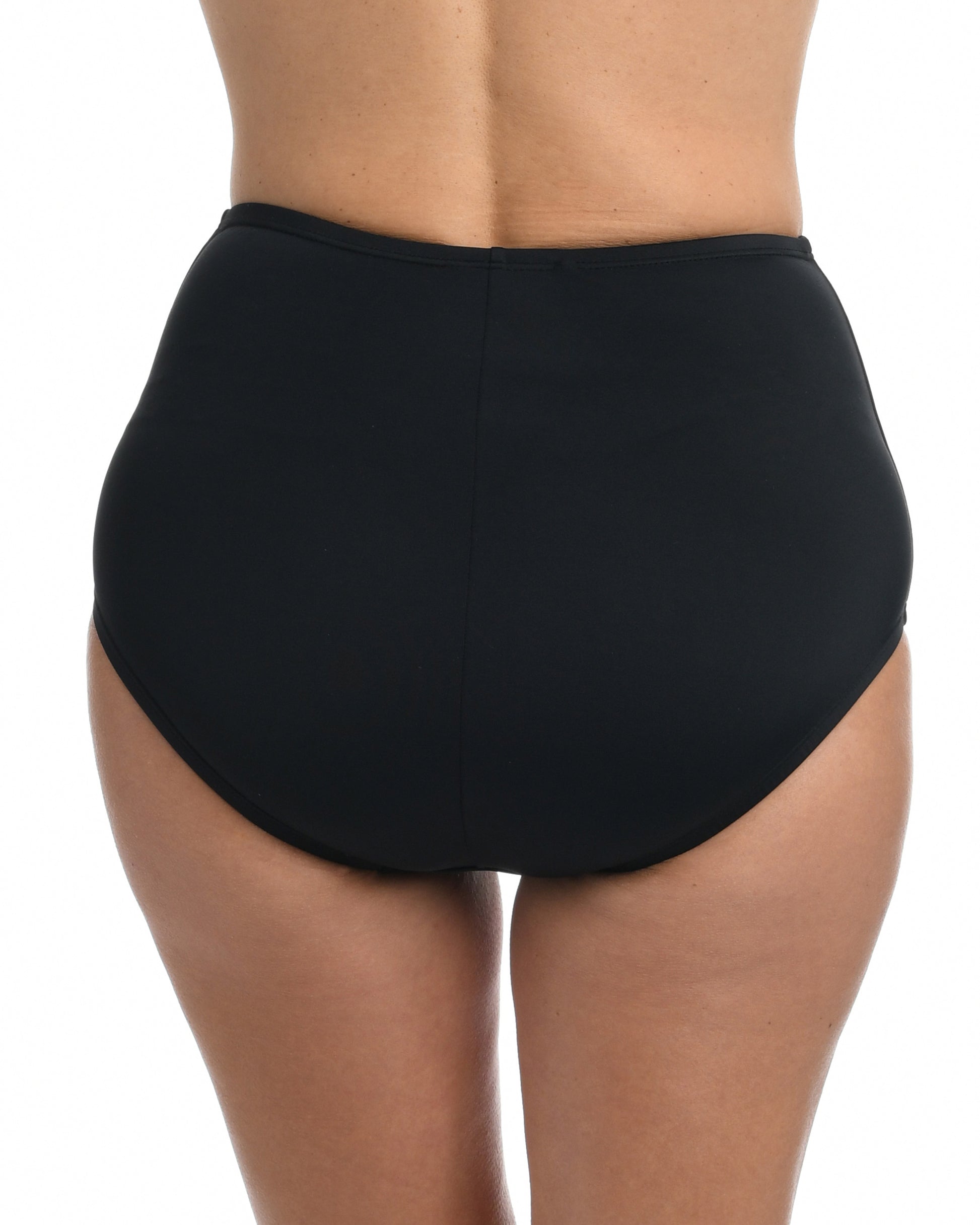 Model wearing a full brief bikini bottom in black