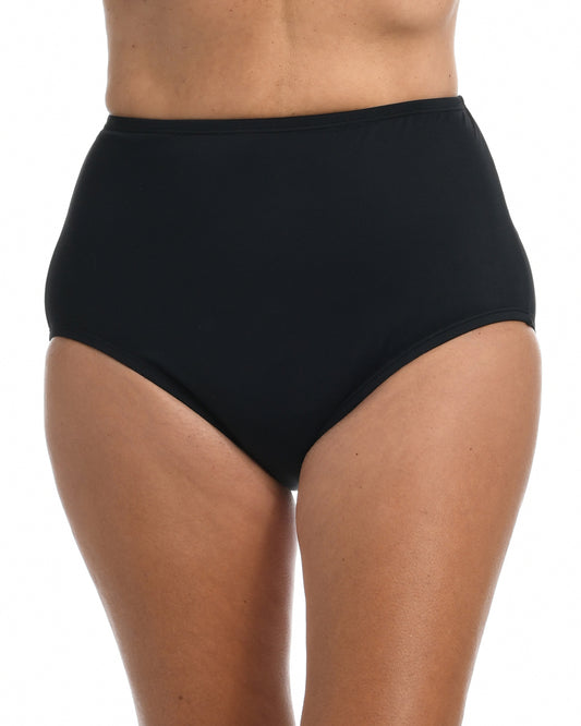 Model wearing a full brief bikini bottom in black