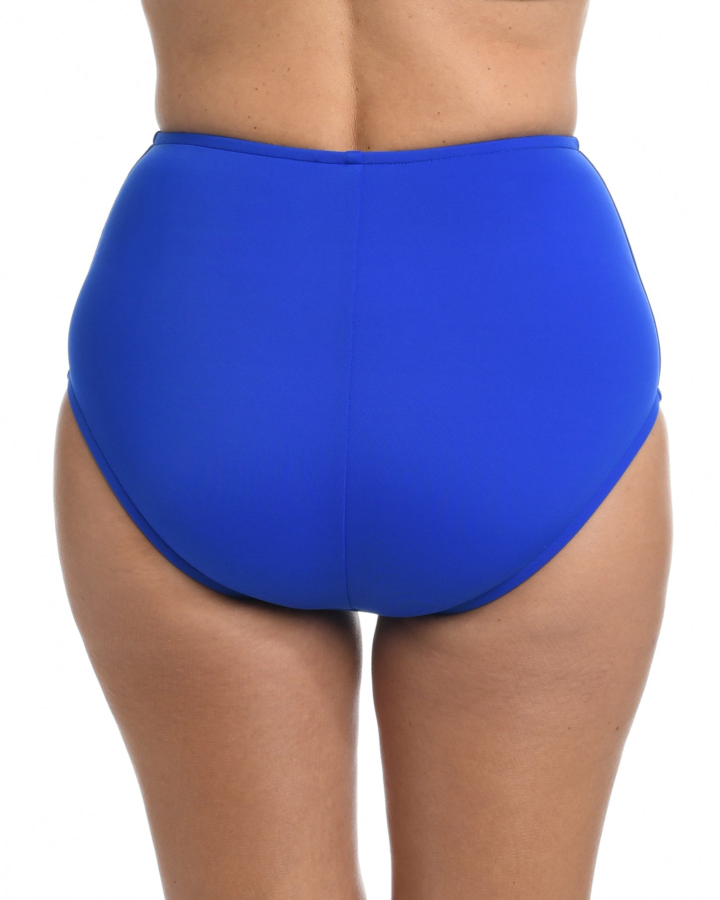 Model wearing a full brief bikini bottom in cobalt blue