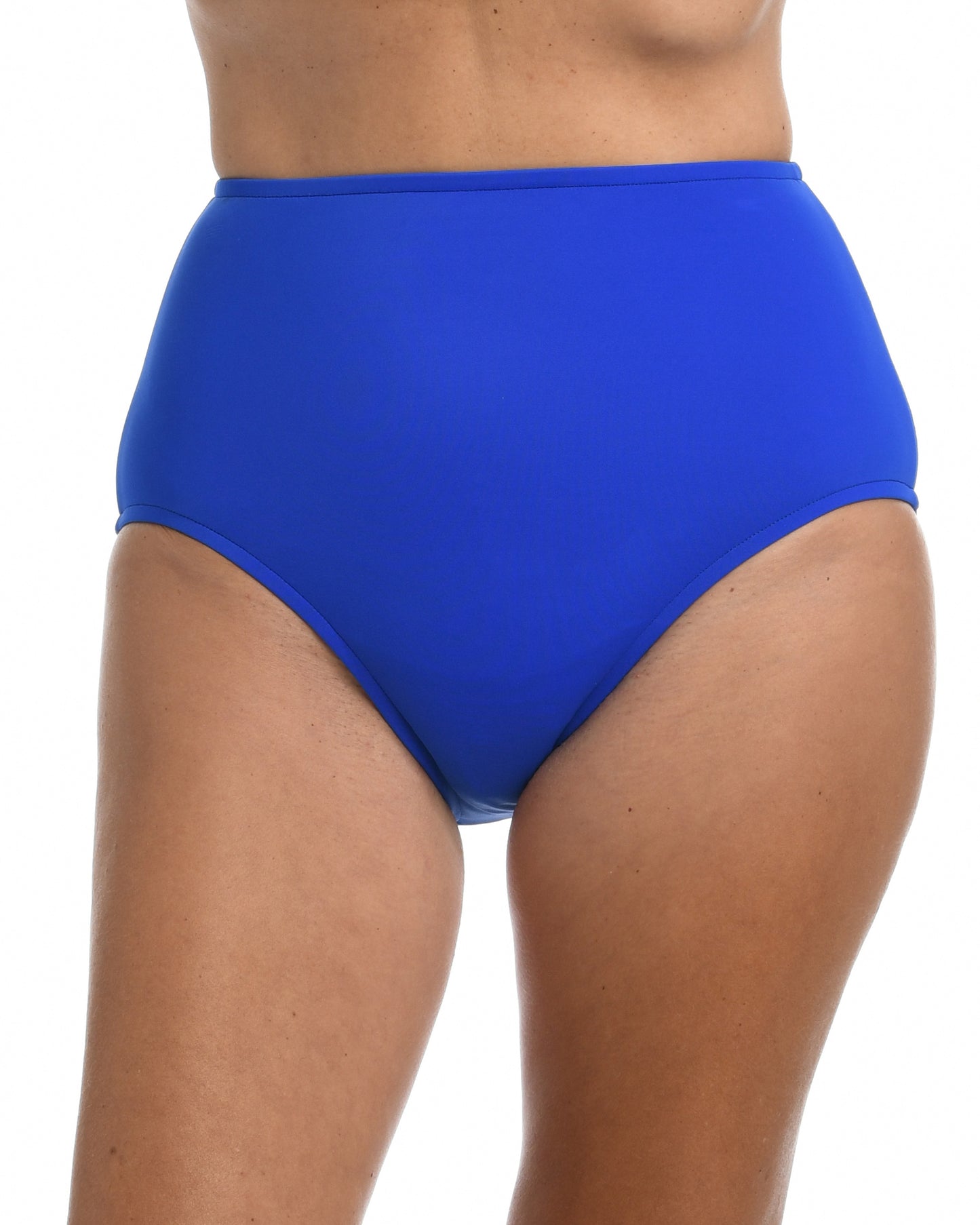 Model wearing a full brief bikini bottom in cobalt blue