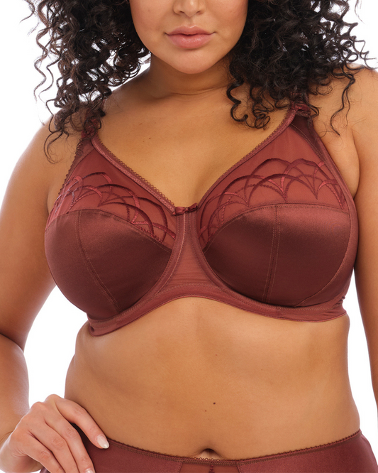 Model wearing an underwire bra in dark copper