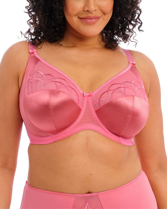 Model wearing a soft cup underwire bra in pink