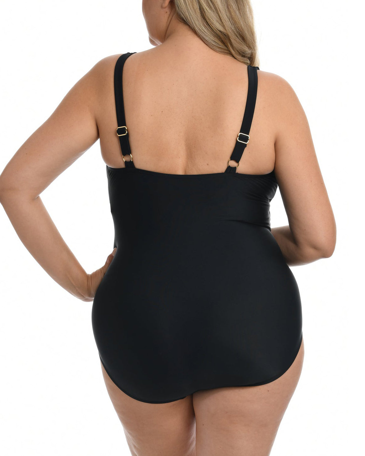 Model wearing a one piece swimsuit with a twist detail in black