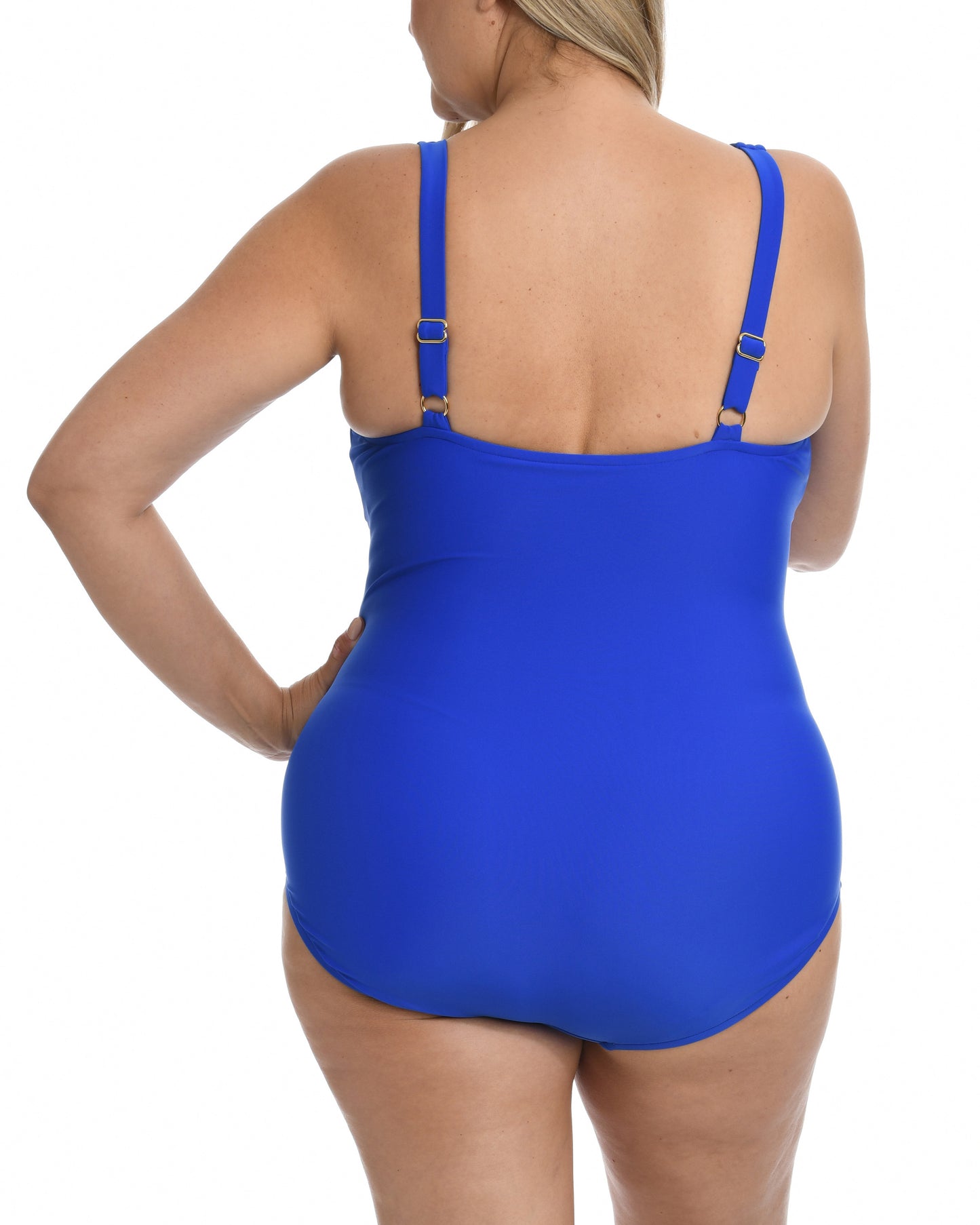 Model wearing a one piece swimsuit with a twist detail in cobalt