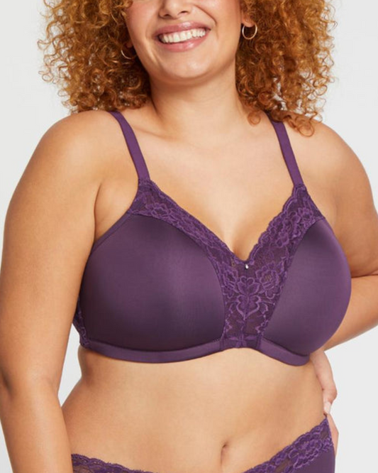 Model wearing a wire free molded cup bra with lace wings in purple