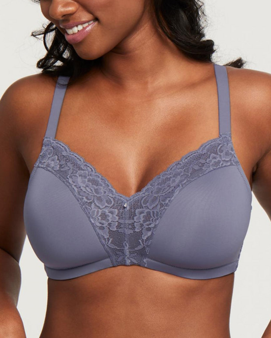 Model wearing a wire free molded cup bra with lace wings in grey