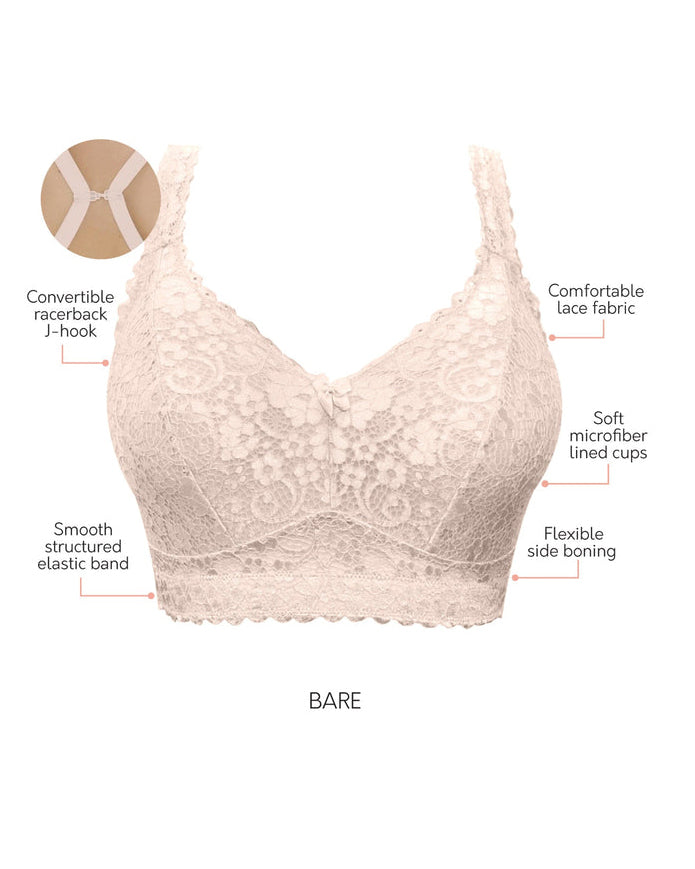 Diagram of a Model wearing a wire free lace bralette in nude beige. Features include convertible racerback j-hook, smooth structured elastic band, comfortable lace fabric, soft microfiber lined cups and flexible side boning. 