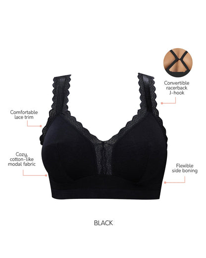 Diagram of a wire free bralette in black. Features include Confrontable lace trim, cozy cotton-like modal fabric, flexible side boning, convertible racerback j-hook.