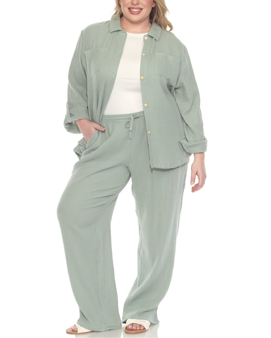 White Mark Plus Size Long Sleeve Button Down Cotton Gauze Set - PS2626