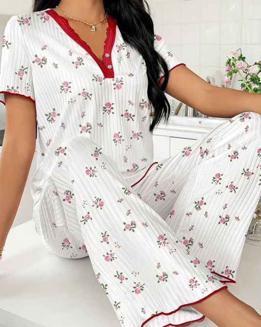 NINEXIS Printed Short Sleeve Top and Pants Pajama Set - CWSPJ00483