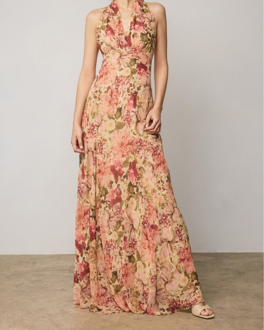 Dress Forum Floral Chiffon Halter Godet Maxi Dress - FD14117