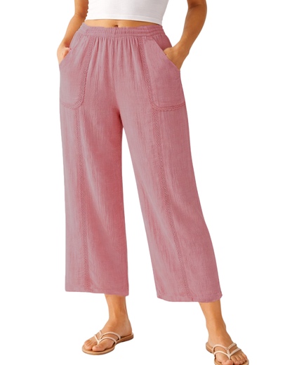 Pine Apparel Cotton Gauze Cropped Wide Leg Pant w/ Crochet Lace Trim (More Colors Available) - 5073301
